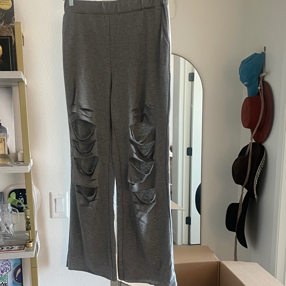 Chic Gray Distressed Flare Pants & long sleeve top